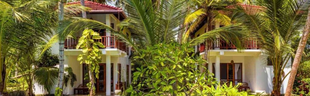 two large luxury villas in a Dominica boutique resort, surrounded by palm trees and nature