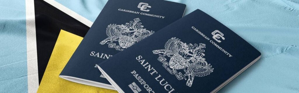 two st lucian passports laid on a st lucia flag