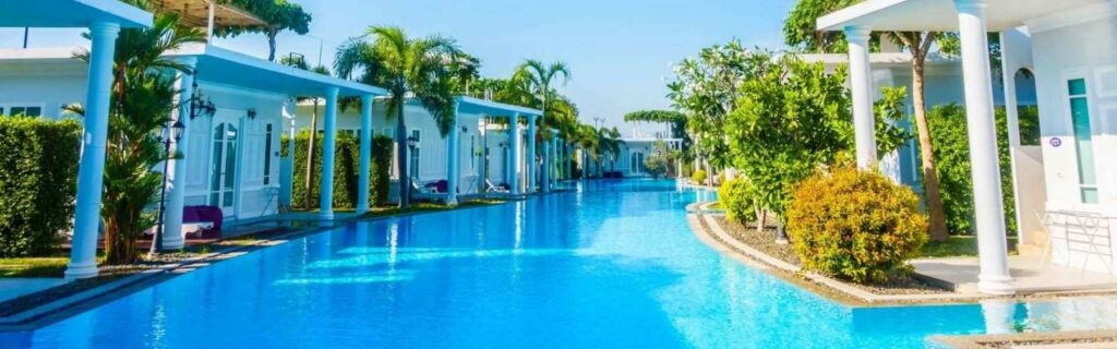 a row of luxury waterfront villas