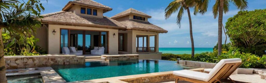 view of a pool and inside a luxury villa in the caribbean