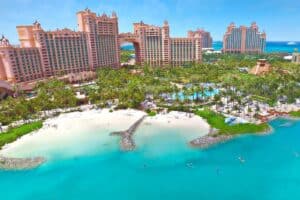 View of the Grand Hyatt Baha Mar in the Bahamas on a sunny day - zero income tax country
