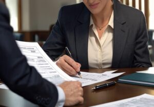 Woman and man signing documents at a desk - what to consider before opening an international bank account