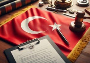 Turkey flag and documents for living in Turkey on a desk 