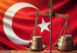 Scale with coins on each side in front of a Turkish flag 