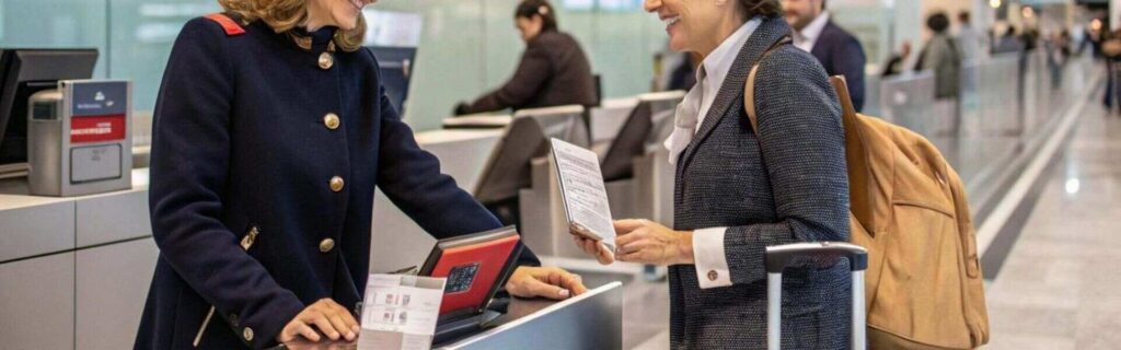 woman traveling to antigua at the airport check-in desk with her passport