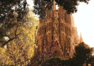 La Sagrada Fam&iacute;lia basilica in Barcelona viewed through autumn trees with golden sunlight illuminating its intricate facade.