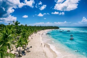 aerial beach view with the ocean and palm trees on a cheap caribbean island