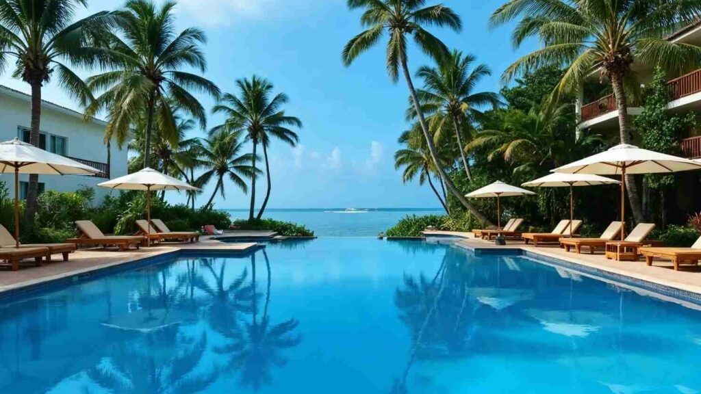 luxury infinity pool looking out to the ocean in a tropical location