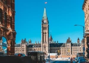 Ottawa in Canada with buildings and cars and blue sky