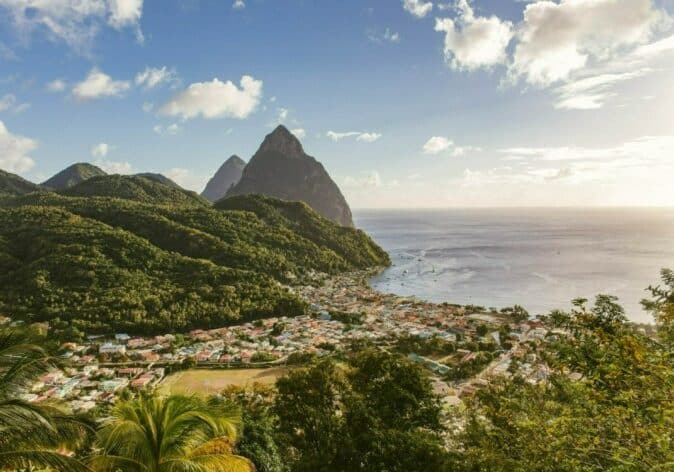 Far-off view of the Gros Piton in St Lucia with the ocean in the background - second passport for a Caribbean island