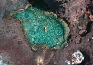 birds-eye view of person swimming in emerald-pool dominica
