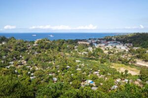 aerial view of solomon islands town with trees and the ocean in the background