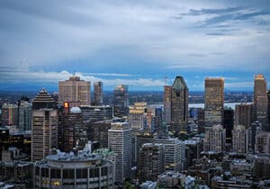 Montreal city skyline in winter with blue sky