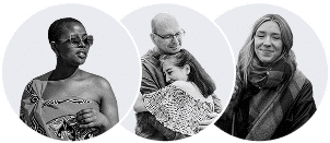A collage featuring four individuals from diverse backgrounds, showcasing their unique identities and experiences.