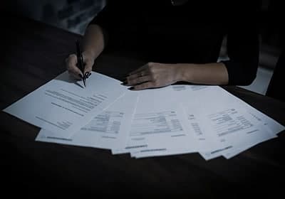 A Russian woman sitting at a table signing documents for Vanuatu citizenship by investment