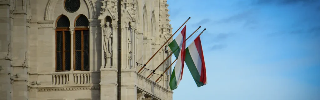Hungarian flags on a building in Budapest