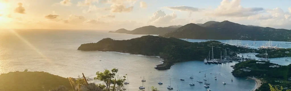 Sun setting over the Antigua and Barbuda islands