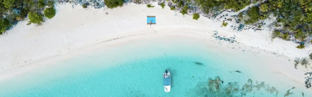 aerial view of beach and shore on Exuma Island in the Bahamas