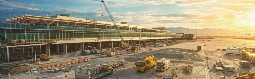 sunset view of an airport under construction