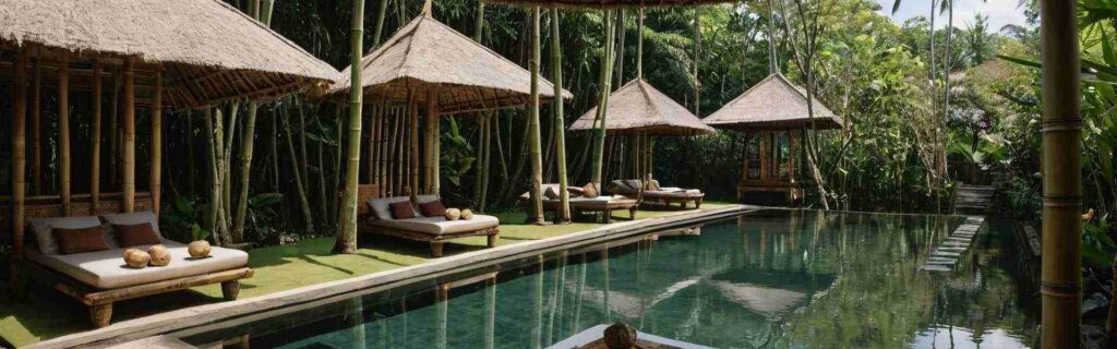 view of a pool and sunbets inside a luxury eco-resort in dominica